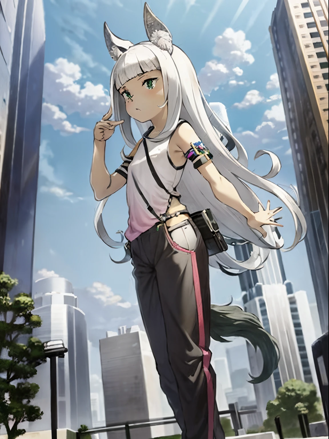 Ochette, 1girl, crowded city, green eyes, giantess, massive, tall, cute, full body picture, buildings, gao, larger than buildings, best quality, pink clothing, buildings nearby, between buildings, taller than skyscrapers, flat ground, standing, ground visible, loose long black pants, adorable, kind, gentle, empty hands, small build, slim