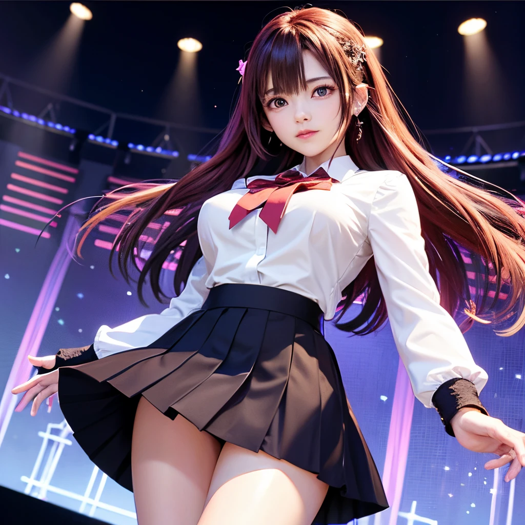 1个Giant Breast Girl, Alone, Best quality at best, tmasterpiece , Ruby Hoshino, hair adornments, sparkle eyes, eyes with stars, (There a star in the right eye:1), (a skirt:1.4), (Concert 1), be on stage,