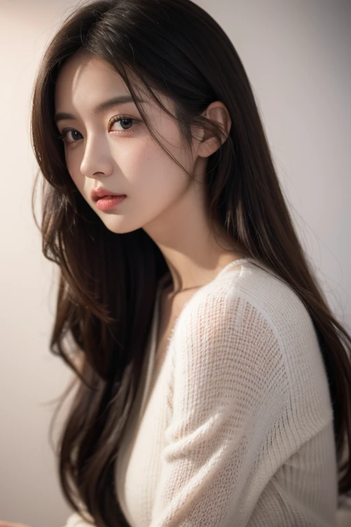beautiful, 23 years old, 1girl, brown eyes, grey hair, long hair, shy, cinematic lighting, white background, Canon, UHD, masterpiece, highres, 8k