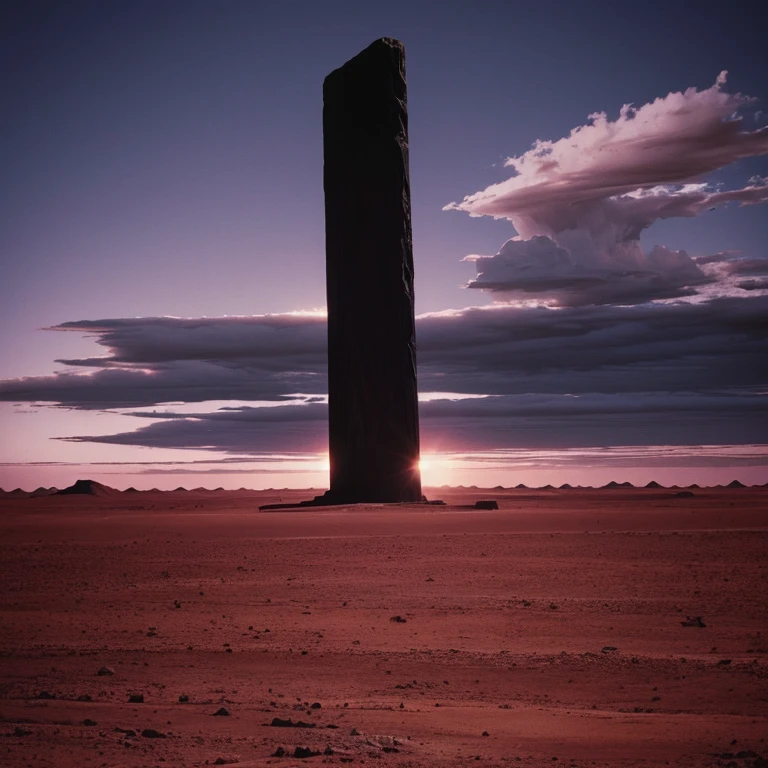 Gigantic  pitch black marble monolith in far far distance in a desert extremely high standing higher than the clouds, 10 times higher than its width and hight, dark blood red saturated skies looming over the desert ominously, 1970's existential dread Stanley kubrik style 2002 a space Odyssey Esq grainy retro camera style