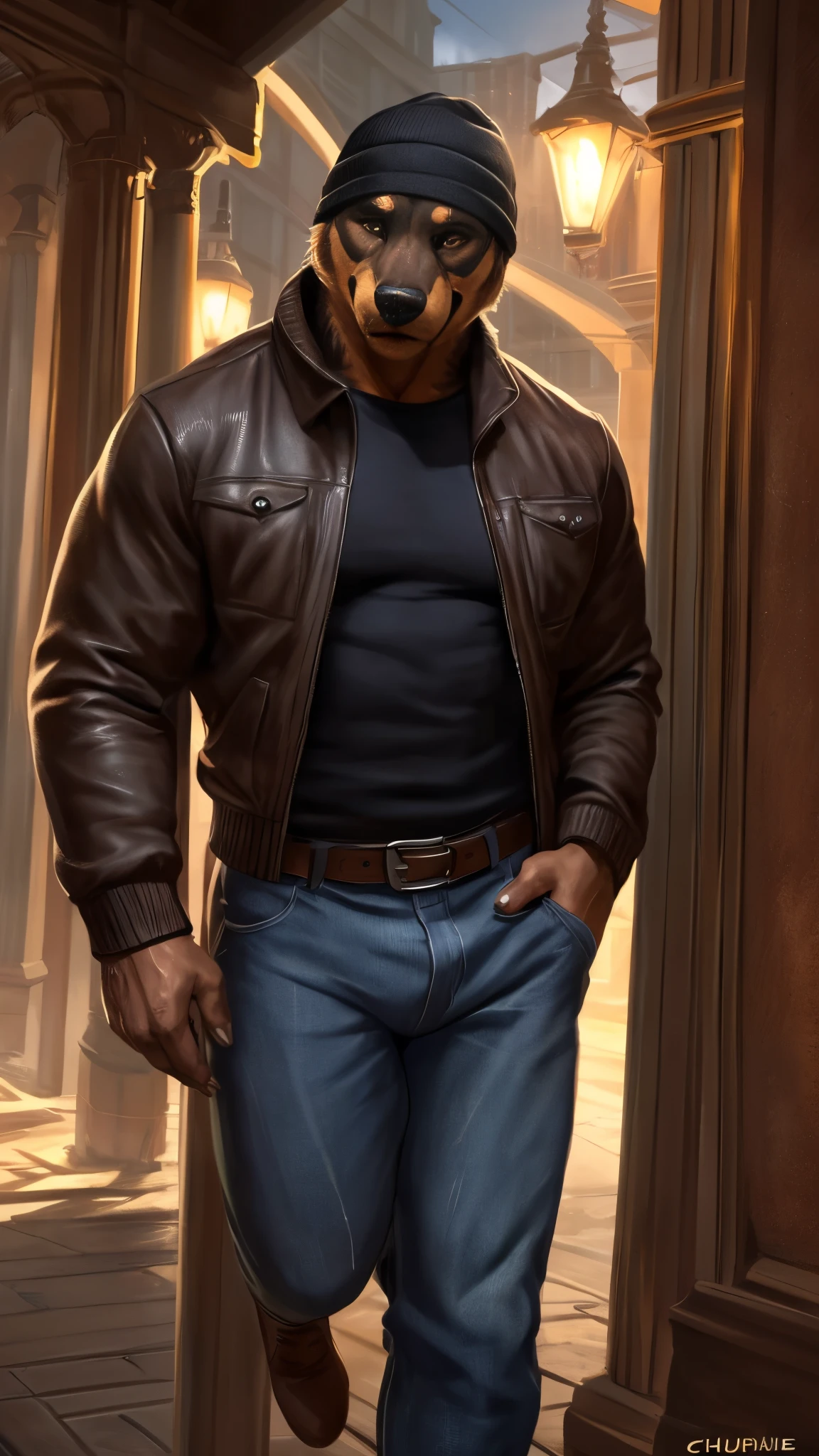 4k, high resolution, best quality, perfect colors, perfect shadows, perfect lighting, artificial lighting, full body shot, posted on e621, furry body, solo, anthro rottweiler, (hidden ears:1.3), (black body, tan markings, black snout:1.3), male, (beefy, strongman, manly, brutal, masculine:1.2),(tired:1.2), detailed city foggy winter night background, correct anatomy, (photorealistic detailed fur, epic, masterpiece:1.2), (by taran fiddler, by chunie, by rukis, bonifasko lighting), sitting outside a cafe , detailed dog eyes, (claws:1.1), (body scars:1.3), (veins, vascular body:1.2), (dripping wet:1.5), (wears long jacket, saggy sweater underneath, beanie, open belt, unzipped jeans:1.3), best posture