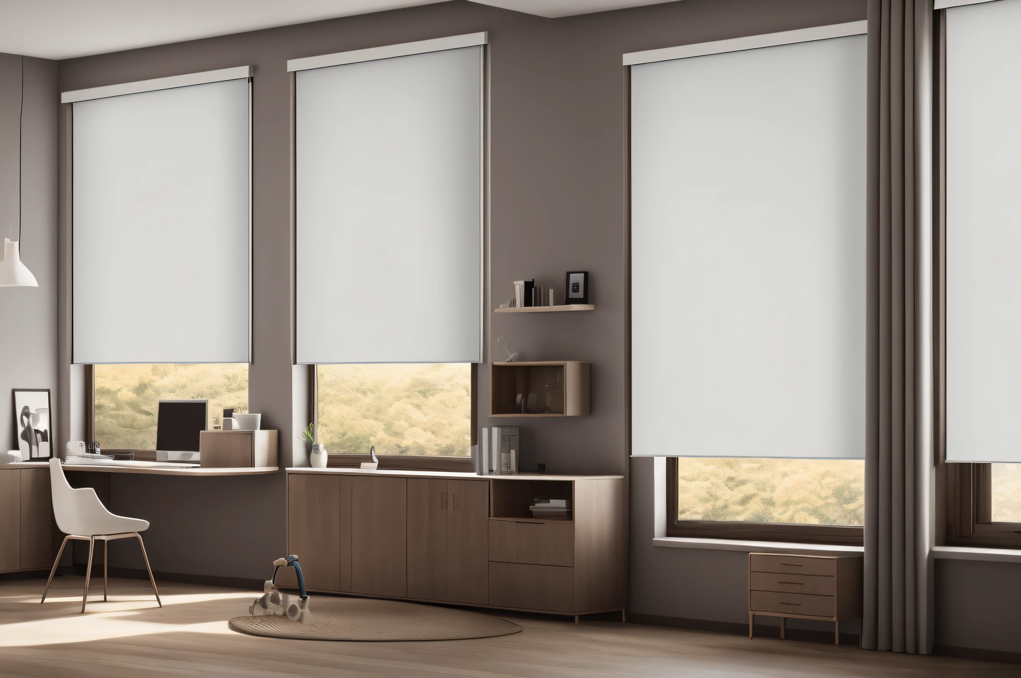 Interior design,modernsimplicity, Roller blinds,Brown,(tmasterpiece),(high high quality), Best quality, a true,(actual), ultra - detailed, (Complete details),(4K),modern, Fashionab,grand, Faraway view,
