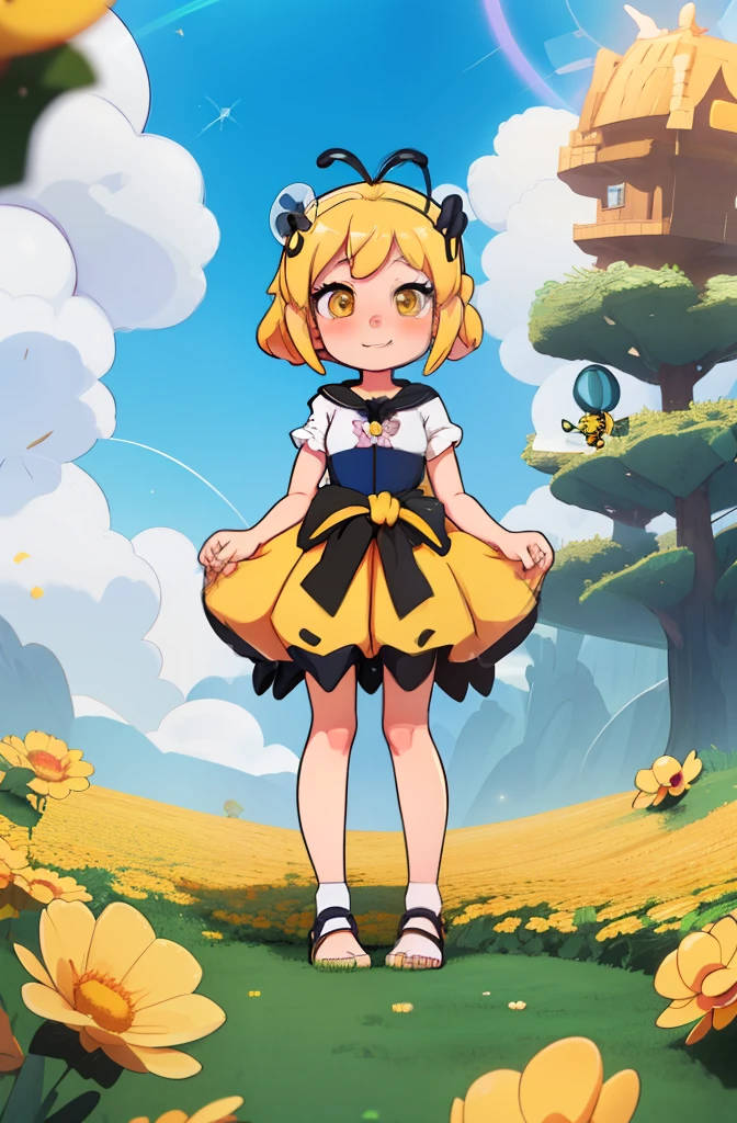 girl in bee costume, , Panorama pictures, Beautiful anime girls, honeybee, ssmile,Cross your hands at your waist,Long skirt covers the knees,Three-dimensional feeling, offcial art, , human structure bee concept art, cheerful, Warm light source,Manhwa Style,Foam matte,IP design,The Q version cute,3d effect,Studio light source,c4d,