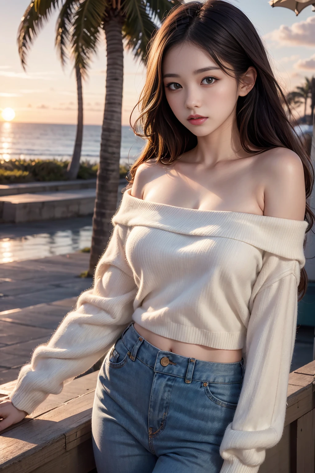 ((best quality)), ((Masterpiece)), (details), 1 girl, open shoulder sweater,