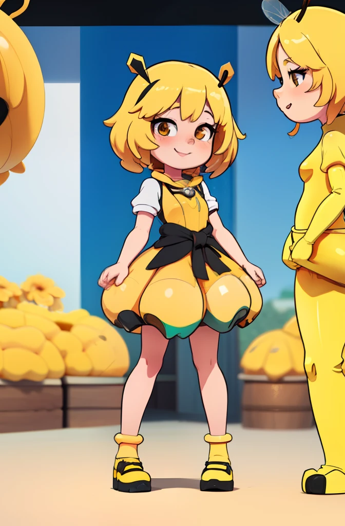 girl in bee costume, , Panorama pictures, Beautiful anime girls, honeybee, ssmile，Cross your hands at your waist，Long skirt covers the knees，Three-dimensional feeling， offcial art, , human structure bee concept art, cheerfulness, Warm light source，Manhwa Style，Foam matte，IP design，The Q version  cute，3d effect，Studio light source，c4d，