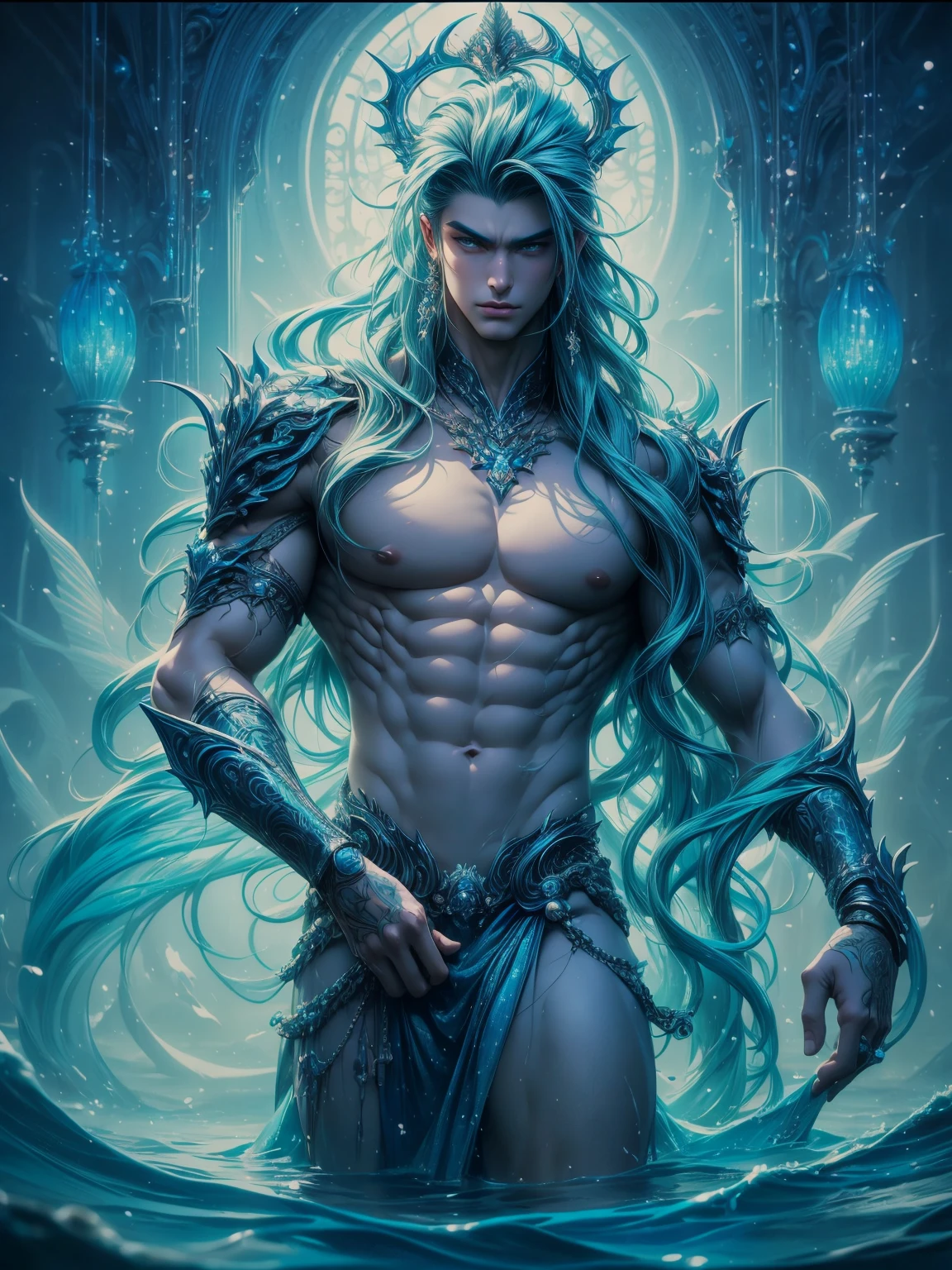 Creates an image for me of a druid man with green hair and some indigenous tattoos,  green eyes and some things mixed with nature,  a mask on top of his head made of the skull of a natural animal, some green lines near the eyes, has a green tattoo covering his entire right arm , has a well-defined body and gives off a semi-divine aura of a nature goddess, a serious countenance and is a high priest of nature 