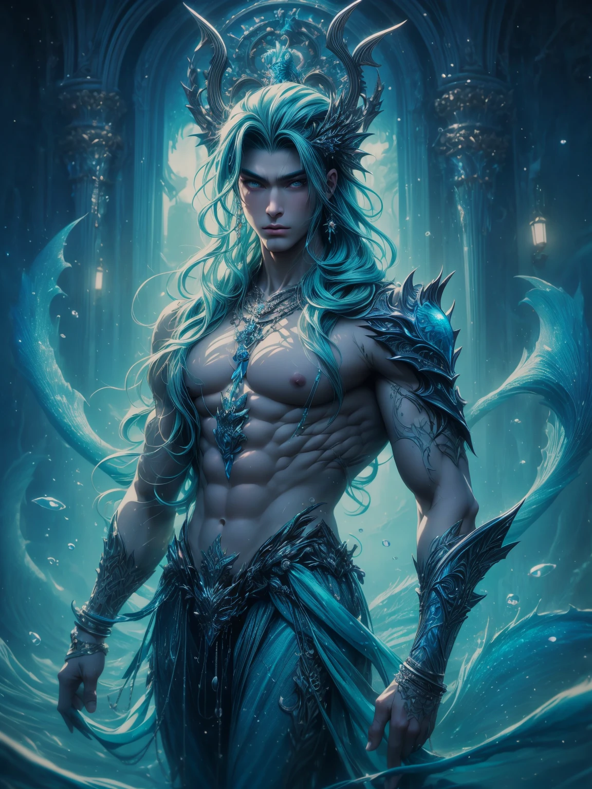 a merman in costume standing in the water, the god of the sea, by Lü Ji, god of the ocean, dnd triton, beautiful mermaid, fantasy male portrait, river god, king of the sea, mermaid, xianxia hero, very beautiful fantasy art, xianxia fantasy, anime fantasy artwork, pinterest anime, the god poseidon