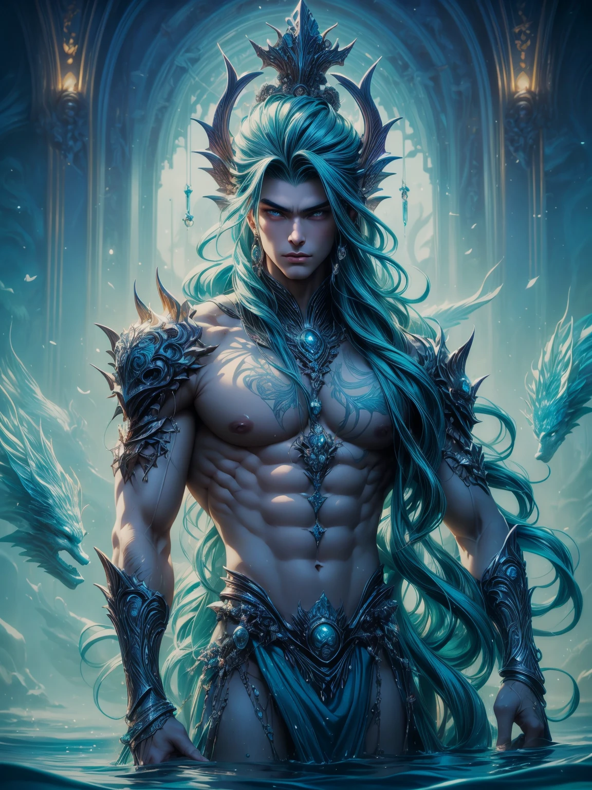a merman in costume standing in the water, the god of the sea, by Lü Ji, god of the ocean, dnd triton, beautiful mermaid, fantasy male portrait, river god, king of the sea, mermaid, xianxia hero, very beautiful fantasy art, xianxia fantasy, anime fantasy artwork, pinterest anime, the god poseidon