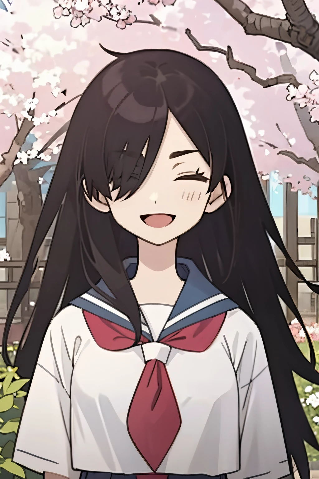 (Masterpiece:1.2), Ultra Detailed, Tweet, school uniform, garden, Sakura, A big smile, covered eyes, open mouth, Best Quality, looking at the viewer,