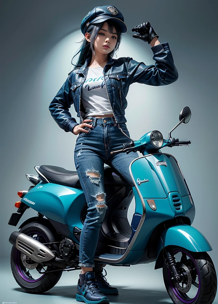 Textured skin, Super Detail, high details, High quality, Best Quality, hight resolution, 1080p, hard disk, Beautiful,the girl with dark blue hair, riding a mini futuristic Vespa, wearing a navy turquoise boy's hat with the words " i ♥️ DAWE ", wearing a dark purple and turquoise zipper jacket, turquoise gloves, navy ripped jeans, wearing sporty shoes a navy and turquoise colour, the background is a cracked wall.