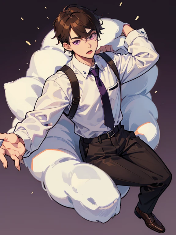 virtual_youtuber, 1boy, Man's_Focus, Solo, brown_hair, neck tie, Purple_Eyes, white_Background, brown_Footwear, full_Body, straight-on, up looking_で_viewer, Pants, White collared shirt, hair_Bland_Eyes, (Very detailed eyes:1.5)Christmas,a Dog,