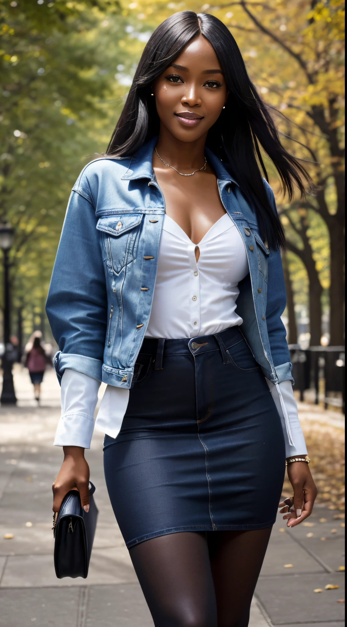 Foto hiperrealista en primer plano de Naomi Campbell, masterpiece, best quality, (photorealistic:1.4), full body, (blue jeans jacket over white blouse:1.1), (blue jeans midi skirt:1.2), (black delicate tights:1.2) heels, in the New York Central Park, sunny day,, cinematic light, beautiful woman, skinny, medium breasts, black long hair, detailed face, smile, facing the camera, photo taken from a distance, age of 18 years old