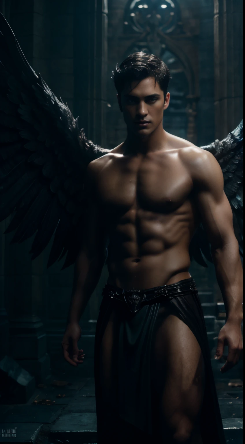 ((masterpiece)),((bestquality)),8k, high detailed, ultra-detailed, Stylish Pose, real skin texture, cinematic lighting, 21 year old male model, handsome, cute looking, evil look, demon horns, white pale skin, blue eyes, short brown messy hair, strong jawline, masculine, defined fit body, hairless chest, prince aesthetic. gothic architecture, hellfire ground, black massive huge angel wings, spartan loincloth, dim light, dark atmosphere, cinematic lighting, backlight, Depth of field