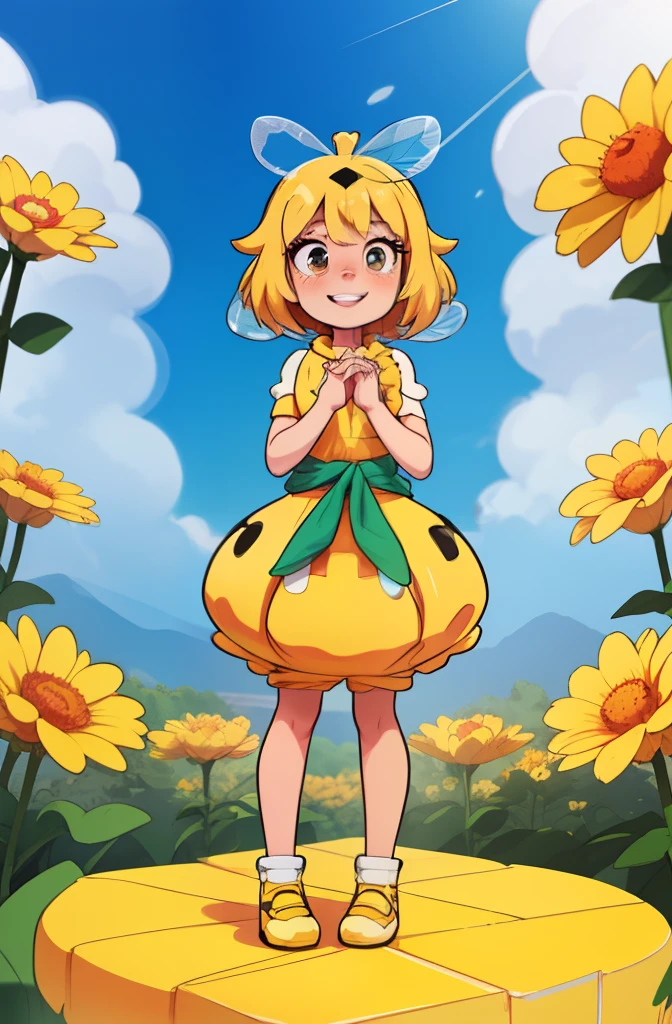 girl in bee costume, , Panorama pictures, Beautiful anime girls, honeybee, ssmile，Cross your hands at your waist，Long skirt covers the knees，Three-dimensional feeling， offcial art, , human structure bee concept art, cheerfulness, Warm light source，Manhwa Style，Foam matte，IP design，The Q version  cute，3d effect，Studio light source，c4d，