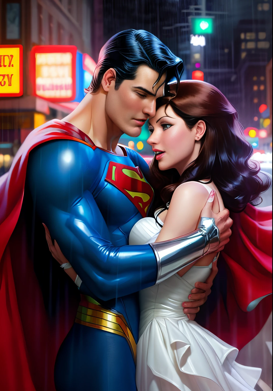superman and lois in the rain, textless, by James Gurney, by Alex Ross, alex ross style, by John J Park, james gurney painting style, by Austin Briggs, drew struzan style art, chris moore. artgerm, concept art of love, style of alex ross, by Donato Giancola, by stanley artgerm