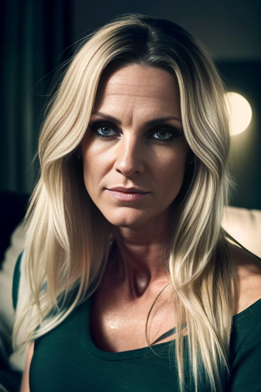 editorial photograph of a woman, age 45, messy long blonde hair, grey green eyes, long eyelashes, pleasure mouth, (accurate lora face: 1), (highly detailed face:1.4), large breasts, long legs, background inside dark, moody, private study:1.OV, by lee jeffries, nikon d850, film stock photograph ,4 kodak portra 400 ,camera f1.6 lens ,rich colors ,hyper realistic ,lifelike texture, dramatic lighting , cinestill 800, women sitting on sofa,full wet, wet  show,giving seductive looks, full body, showing red wet, full body,looking up,