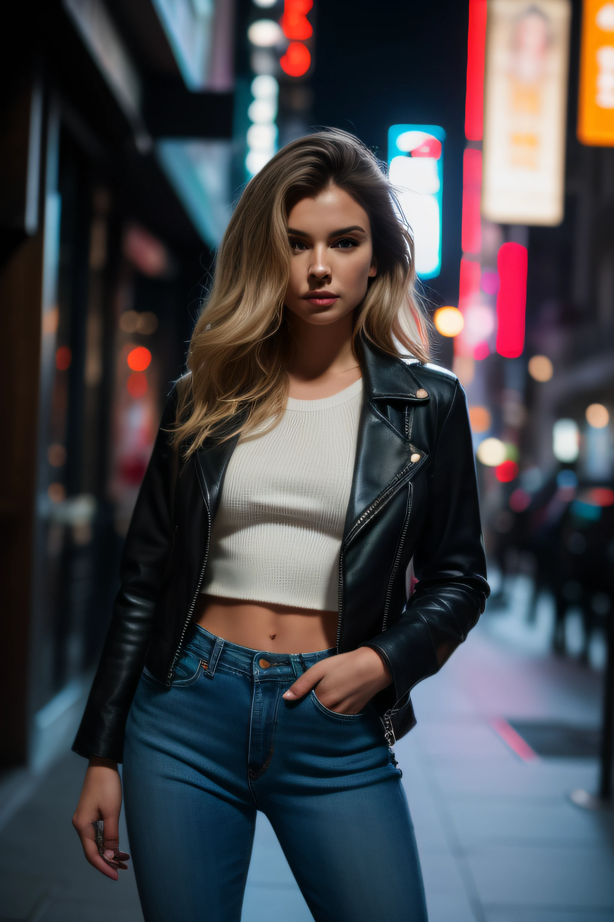 Retrato de gldot como uma bela modelo feminina, georgia fowler, rosto lindo, cabelo castanho escuro curto, In the Cyberpunk City at Night. She's wearing a leather jacket, jeans preto, lighting dramatic