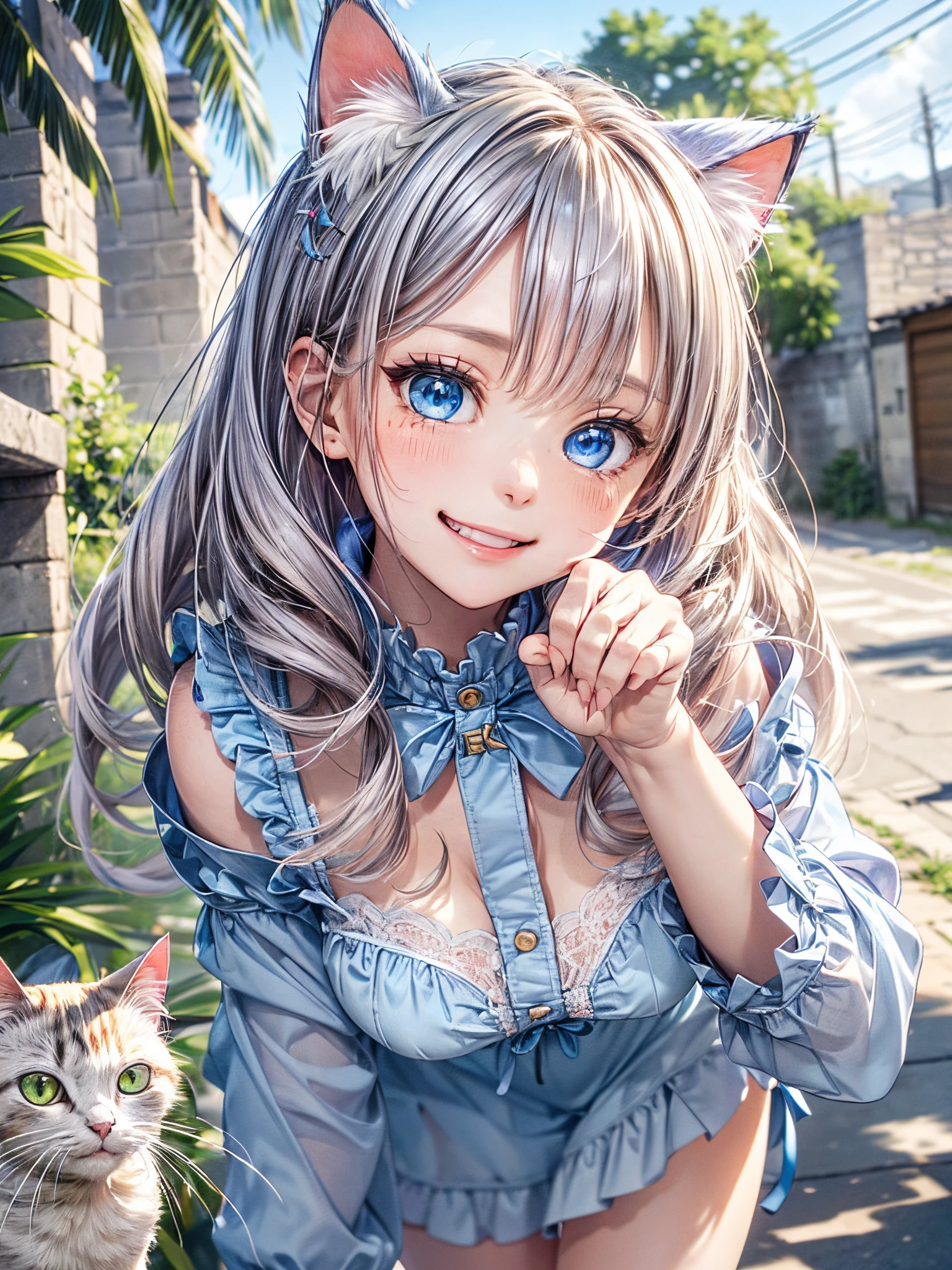 absurderes, ultra-detailliert,bright colour,(8K:1.5),masuter piece,Bright scenery、For that, blue open sky、extremely beautiful detailed face and eyes,(Cat personification:1.4)、(Deep Blue Eyes:1.4) Valley、Pink skin、Summer morning、A back alley with lots of flowers blooming、(Cat Pose),(Too cute smile:1.3)、double tooth,