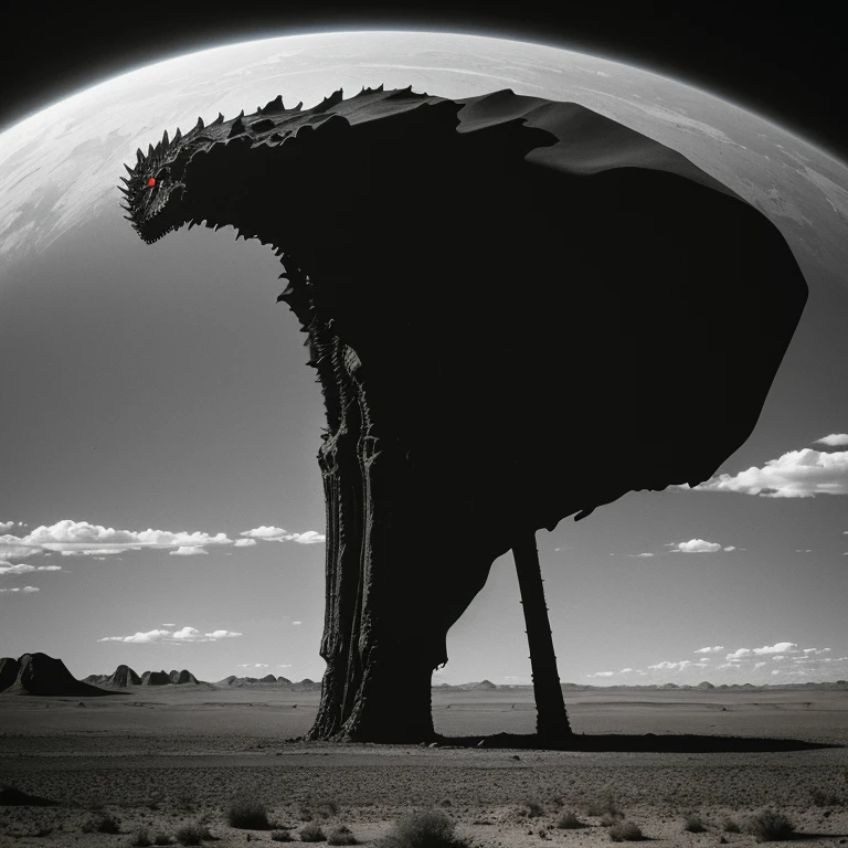 Gigantic pitch black monster creature in far far distance in a desert extremely high standing higher than the clouds, 10 times higher than its width and hight, red eyes and long slender bone limbs thin and extremely long, 1970's existential dread Stanley kubrik style 2001 a space Odyssey Esq grainy retro camera style