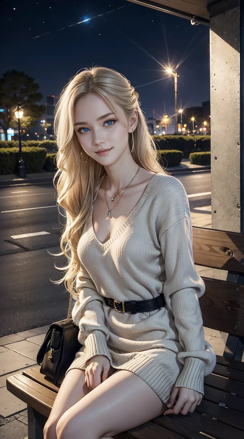 25-year-old Caucasian woman、ash blonde、blue eyess、Semi-long、setting hair、Hair is up、My hair is wavy、Slender but thin macho、accessories on the wrist、wearing a chain necklace、Beautiful breasts、a smile、Wearing a sweater dress、Holding a handbag in his hand、I&#39;m sitting on a bench on a hill overlooking the night street lights.、I need space above my head、The meteor is beautiful、a smile、Lifting up the hem and showing a glimpse of her panties