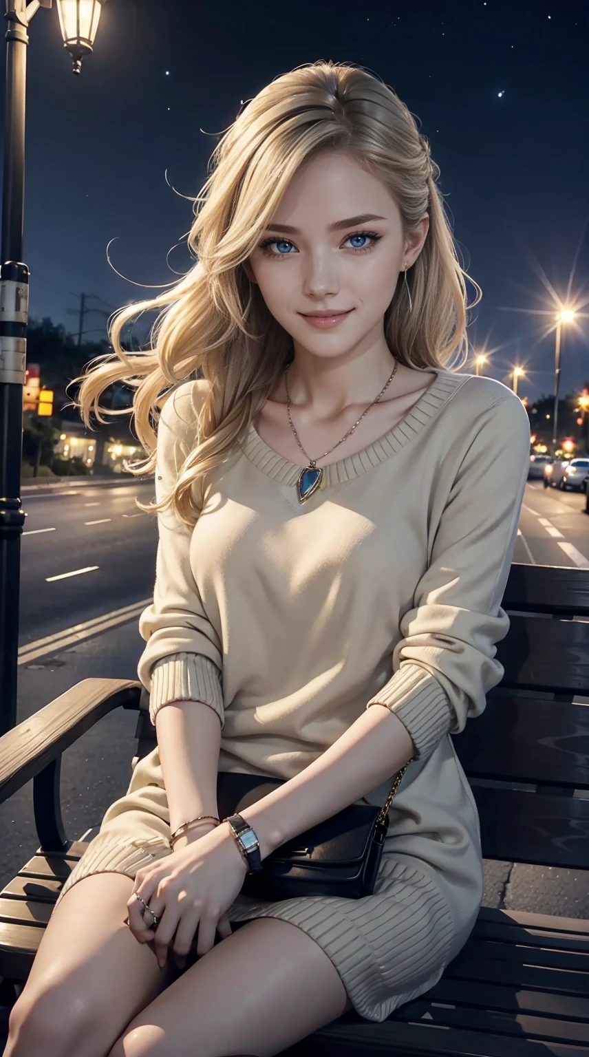 25-year-old Caucasian woman、ash blonde、blue eyess、Semi-long、setting hair、Hair is up、My hair is wavy、Slender but thin macho、accessories on the wrist、wearing a chain necklace、Beautiful breasts、a smile、Wearing a sweater dress、Holding a handbag in his hand、I'm sitting on a bench on a hill overlooking the night street lights.、I need space above my head、The meteor is beautiful、a smile、Lifting up the hem and showing a glimpse of her panties
