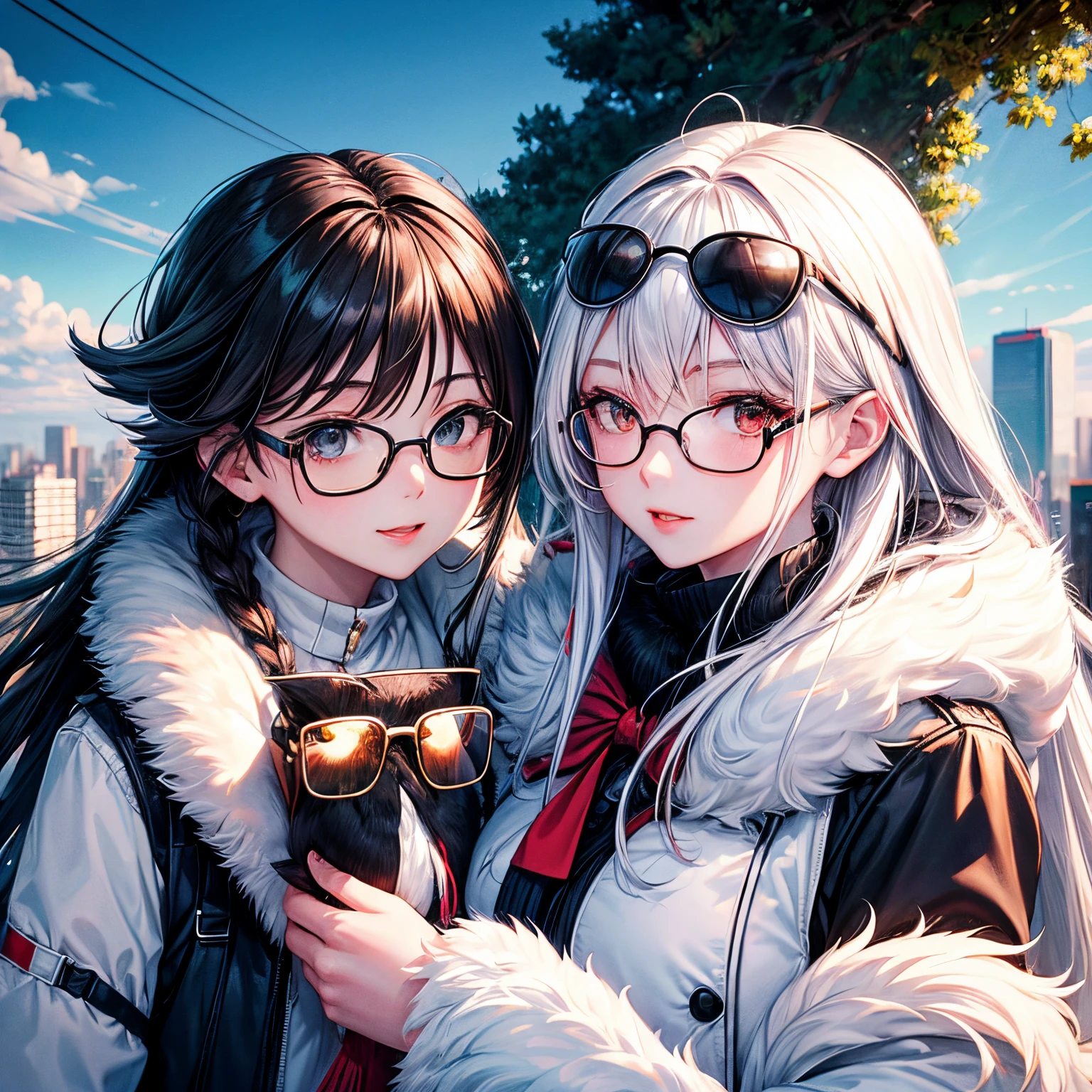 identical,, 1个Giant Breast Girl, critters, animal on shoulder, The bird, black-frame glasses, 黑The eye, brunette color hair, blue-sky, view over city, sunny clear sky, Manteau, daysies, 耳Nipple Ring, Glasses hanging, Take off glasses, Fur coat, jaket, jewely, long whitr hair, Look to the side, Outdoor activities, power lines, Redlip, Skysky, ssmile, yuki, Alone, sun glasses, White bird, Manteau blanc, Winters, Winter clothes, , ((tmasterpiece))