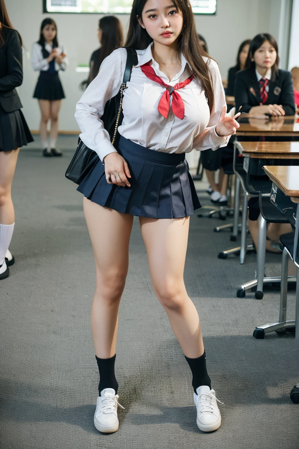 Jk ローアングル 制服を着たアジア人女性が写真撮影をしている - SeaArt AI