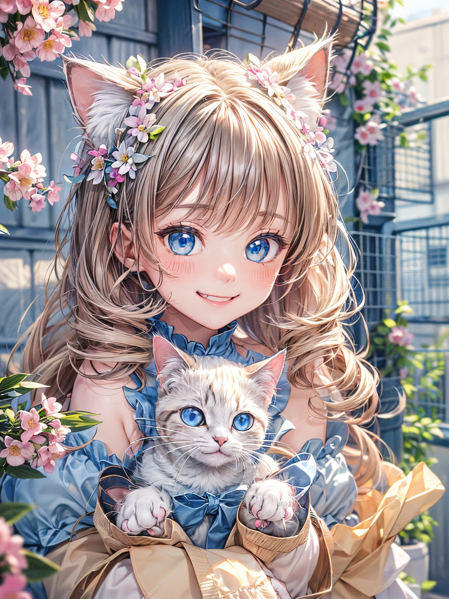 absurderes, ultra-detailliert,bright colour,(8K:1.5),masuter piece,Bright scenery、For that, blue open sky、extremely beautiful detailed face and eyes,(Cat personification:1.4)、(Deep Blue Eyes:1.4) Valley、Pink skin、Summer morning、A back alley with lots of flowers blooming、(Cat Pose),(Too cute smile:1.3)、double tooth,