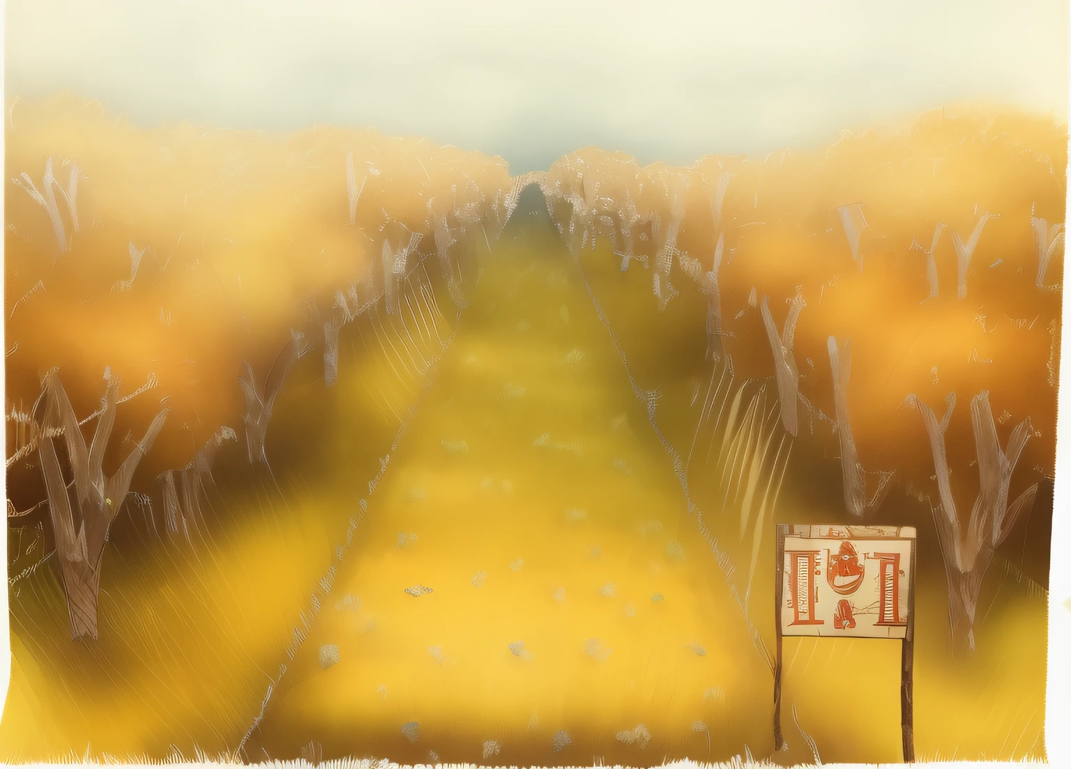 Stage design,almond orchard,overcast day,Slightly wilted,The grass yellow,There a sign