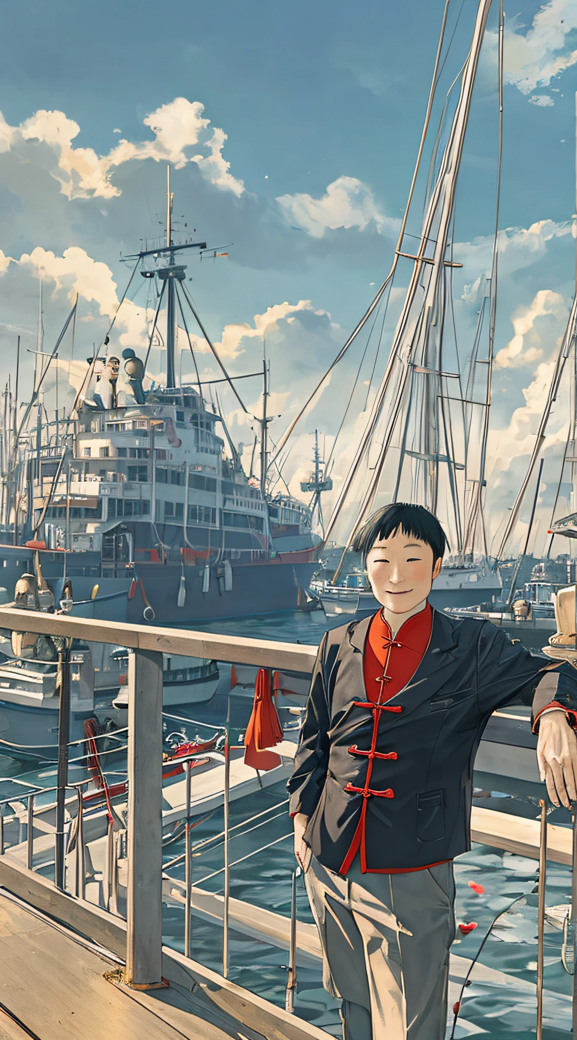 man in the harbor, epic, detailed, high quality, chinese man