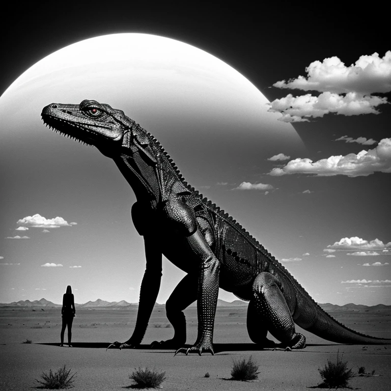 Gigantic pitch black lizard like monster creature in far far distance in a desert extremely high standing higher than the clouds, 10 times higher than its width and hight, small red eyes and long slender bone limbs thin and extremely long, 1970's existential dread Stanley kubrik style 2001 a space Odyssey Esq grainy retro camera style