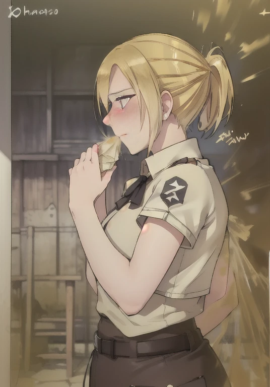 ((annie leonhart)),((velocity)),Yellow smoke,Attacked by farts, (((Women stand)),velocity,(Yellow smoke rising),i'i'i'i'i'i' training field)),((One Woman)),((A girl smells a fart and smiled frowned)),((fart while training)),((blushing)),(masterpiece:1.2、top-quality)、(the Extremely Detailed CG Unity 8K Wallpapers、ultra-detailliert、Best Shadows)、(细致背景)、(The best lighting、extremely delicate and beautiful)、depth of fields、1girl in、独奏 ,looking arround her,Women wear scout outfit,Ephemeral,,(blonde),(scout regiment outfit)),((((Girl embarassed when she smells the bad smell of farts)))),outfit like a scout regiment,((((profile facing diagonally)))),((i'I closed my mouth with hand feel embarassed...)),(()),((embarassing look)),((massive fart)),((fart text))