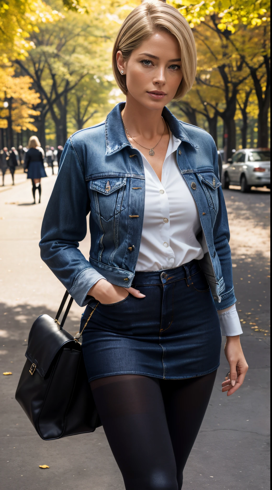 RAW photo of 50 years old Doutzen Kroes, mature woman, masterpiece, best quality, (photorealistic:1.4), (blue jeans jacket over white blouse:1.1), (blue jeans midi skirt:1.2), (black detights:1.2) heels, in the New York Central Park, sunny day, cinematic light, beautiful woman, medium breasts, blond hair, short short (bob haircut:1.2), wrinkles on the face, (black detights:1.2)