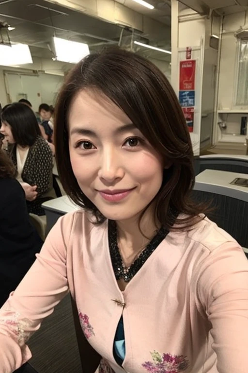 Highest quality、Masterpiece、Real Photo、Realistic、1 55-year-old Japan woman、Business woman using a computer、smile、Sweat、Very detailed、Natural light、long hair、Detailed face and skin、Realistic eyes