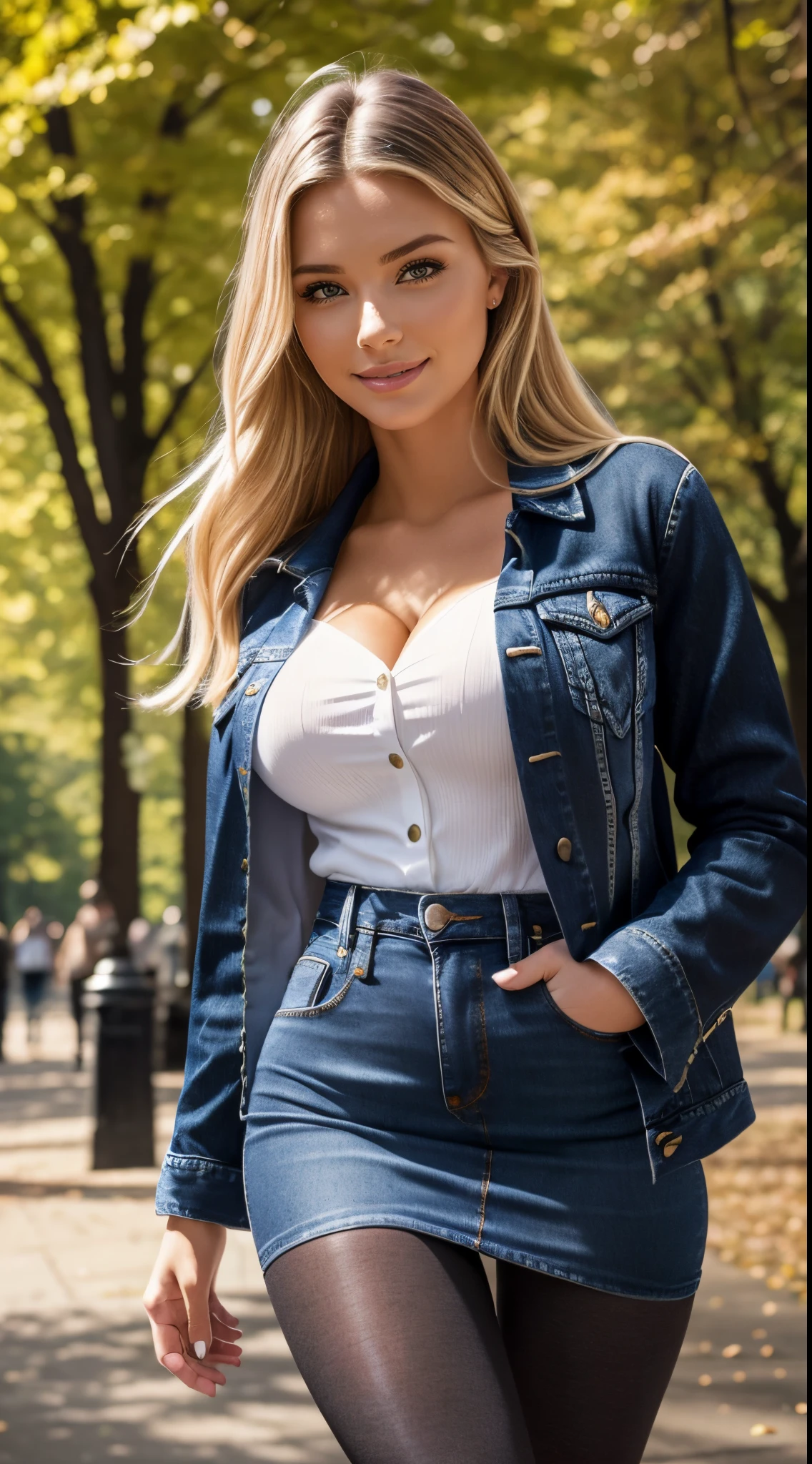 Foto hiperrealista en primer plano de Emily Sears, masterpiece, best quality, (photorealistic:1.4), (blue jeans jacket over white blouse:1.1), (blue jeans midi skirt:1.2), (black delicate tights:1.2) heels, in the New York Central Park, sunny day,, cinematic light, beautiful woman, skinny, large big breasts, straight blond hair, detailed face, smile, facing the camera, photo taken from a distance, age of 20 years old, (black detights:1.2)