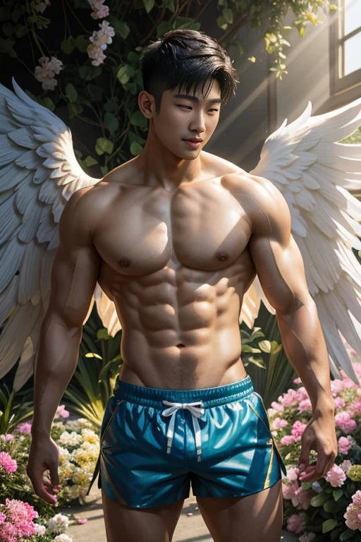 Beautiful angel surrounded by flowers，Asian male celebrity，Physical Education Student，cool guy，chest muscle，Immortal appearance，brush cut，Naked，massive angel wings，Tulle shorts，golden rays of sunlight，Mysterious light，A shallow laugh