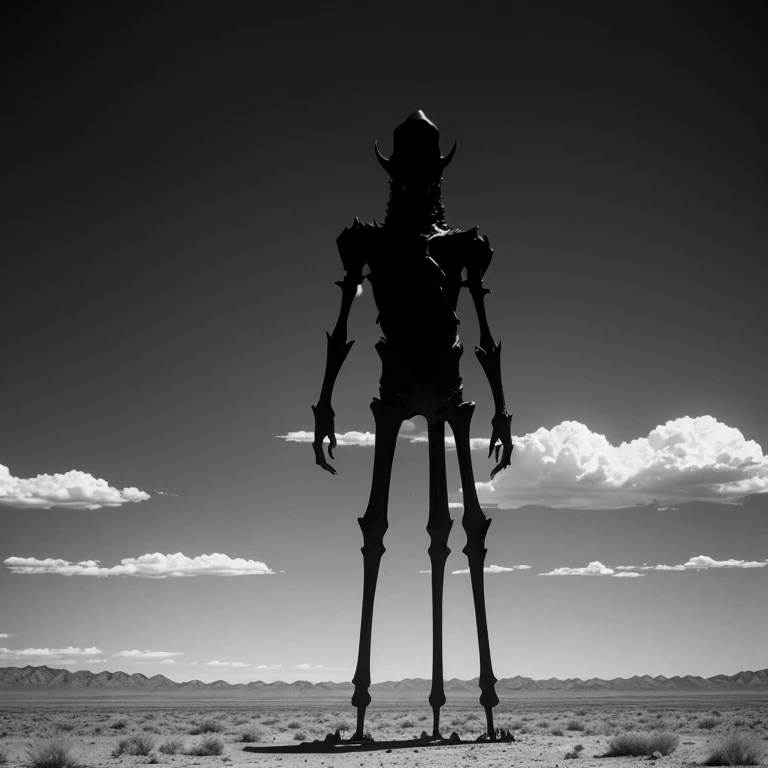 Gigantic pitch black demon like monster creature in far far distance in a desert extremely high standing higher than the clouds, 10 times higher than its width and hight, small red eyes and long slender bone limbs thin and extremely long, 1970's existential dread Stanley kubrik style 2001 a space Odyssey Esq grainy retro camera style