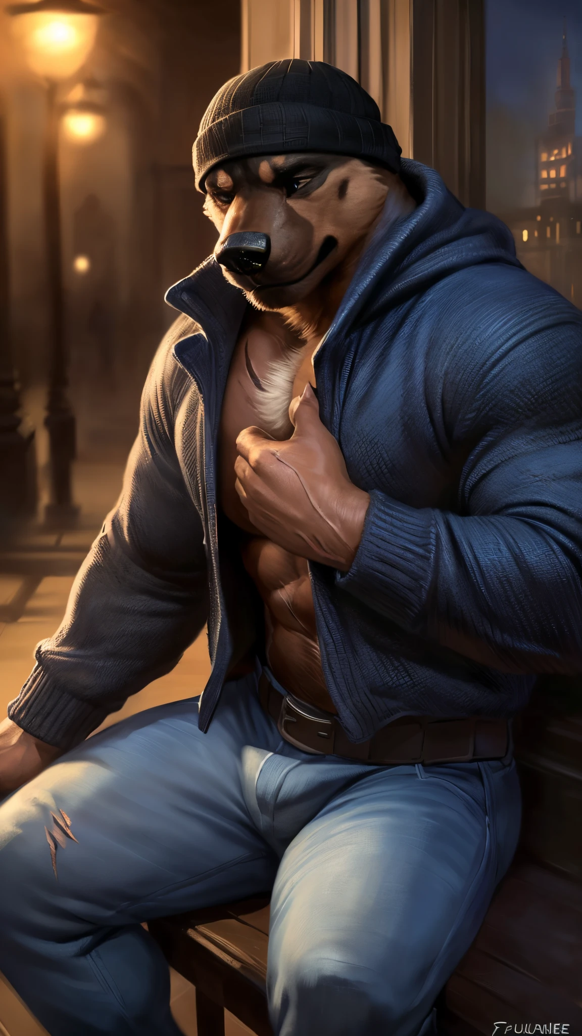 4k, high resolution, best quality, perfect colors, perfect shadows, perfect lighting, artificial lighting, full body shot, posted on e621, furry body, solo, anthro rottweiler, (hidden ears:1.3), (black body, tan markings, black snout:1.3), male, (beefy, strongman, manly, brutal, masculine:1.2),(tired:1.2), detailed city foggy winter night background, correct anatomy, (photorealistic detailed fur, epic, masterpiece:1.2), (by taran fiddler, by chunie, by rukis, bonifasko lighting), sitting outside a cafe , detailed dog eyes, (claws:1.1), (body scars:1.3), (veins, vascular body:1.2), (wears long jacket, saggy sweater, beanie, belt, jeans:1.3), best posture