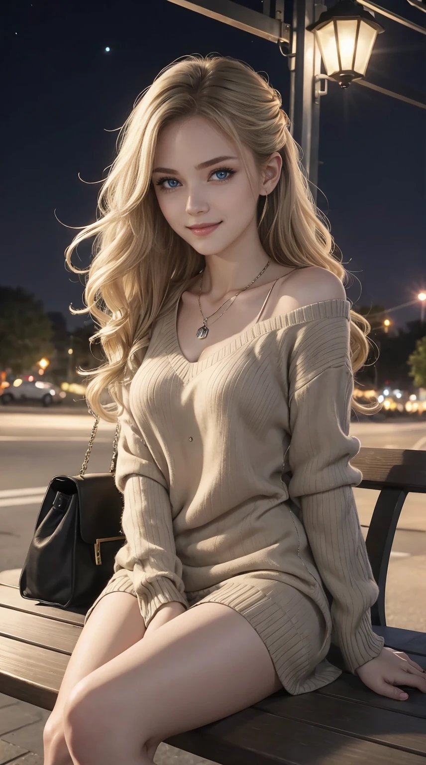 25-year-old Caucasian woman、ash blonde、blue eyess、Semi-long、setting hair、Hair is up、My hair is wavy、Slender but thin macho、accessories on the wrist、wearing a chain necklace、Beautiful breasts、a smile、Wearing a sweater dress、Holding a handbag in his hand、I'm sitting on a bench on a hill overlooking the night street lights.、I need space above my head、The meteor is beautiful、a smile、Lifting up the hem and showing a glimpse of her panties