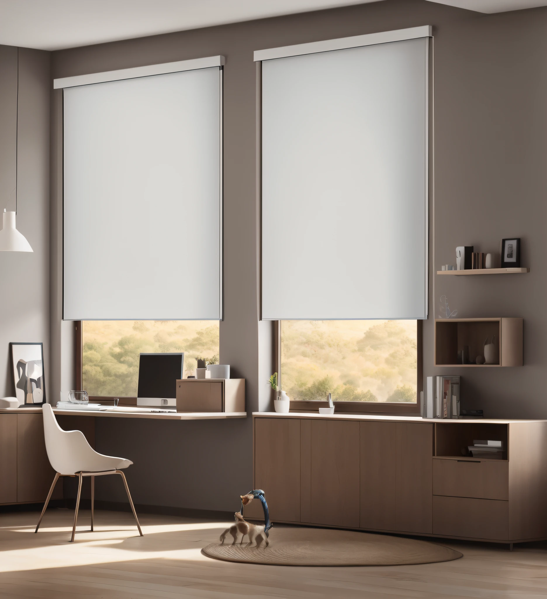 Interior design,modernsimplicity, Roller blinds,Brown,(tmasterpiece),(high high quality), Best quality at best, a true,(actual), ultra - detailed, (Complete details),(4K),modern, Fashionab,grand, Faraway view,