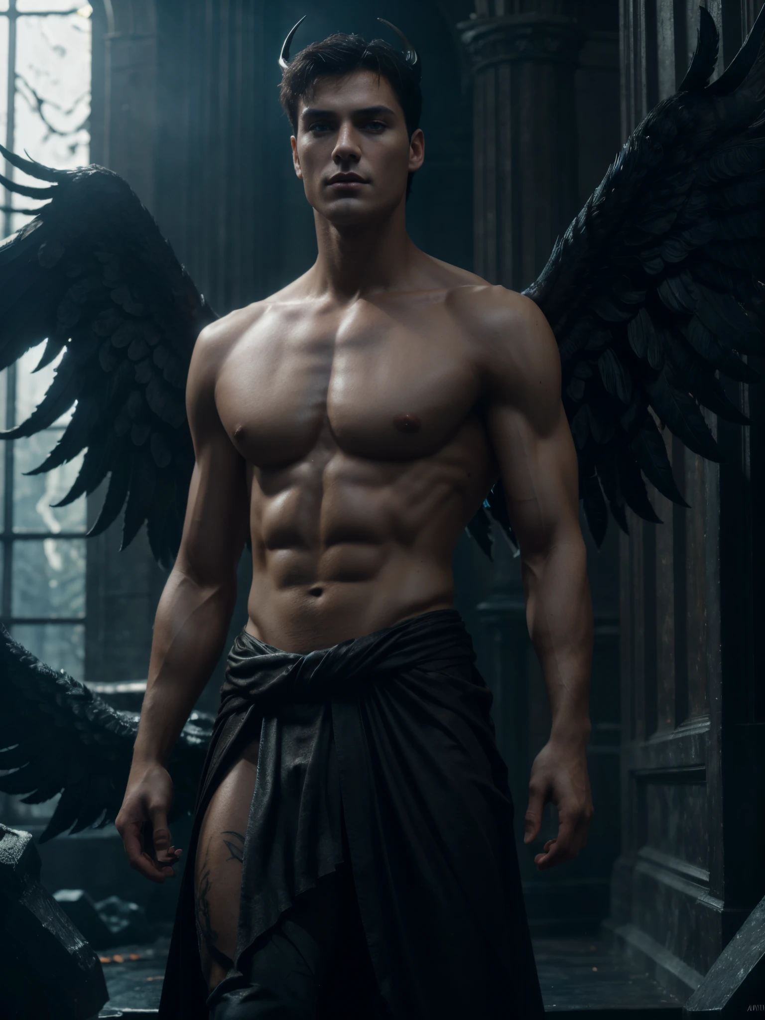 ((masterpiece)),((bestquality)),8k, high detailed, ultra-detailed, Stylish Pose, real skin texture, cinematic lighting, 21 year old male model, handsome, cute looking, evil look, demon horns, white pale skin, blue eyes, short brown messy hair, strong jawline, masculine, defined fit body, hairless chest, prince aesthetic. gothic architecture, hellfire ground, black massive huge angel wings, spartan loincloth, dim light, dark atmosphere, cinematic lighting, backlight, Depth of field, award-winning photography, elegant, hyperrealistic, octane render, unreal, high definition, 8k resolution, highly detailed, 8k uhd, professional lighting, photon mapping, radiosity, physically-based rendering