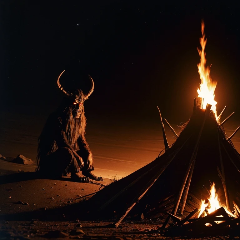 Gigantic pitch black krampus like monster creature sitting by campfire in under dark black cliff in desert, small red eyes and long slender bone limbs thin and extremely long, 1970's existential dread Stanley kubrik style 2001 a space Odyssey Esq grainy retro camera style