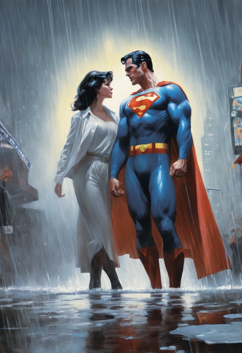 superman and lois in the rain, textless, by James Gurney, by Alex Ross, alex ross style, by John J Park, james gurney painting style, by Austin Briggs, drew struzan style art, chris moore. artgerm, concept art of love, style of alex ross, by Donato Giancola, by stanley artgerm