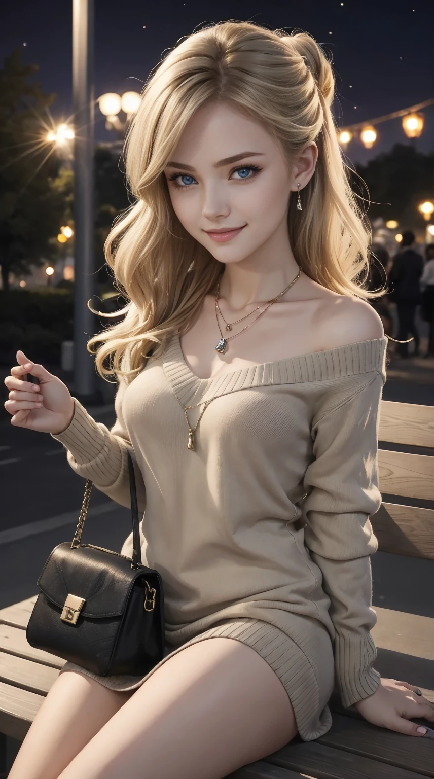 25-year-old Caucasian woman、ash blonde、blue eyess、Semi-long、setting hair、Hair is up、My hair is wavy、Slender but thin macho、accessories on the wrist、wearing a chain necklace、Beautiful breasts、a smile、Wearing a sweater dress、Holding a handbag in his hand、I&#39;m sitting on a bench on a hill overlooking the night street lights.、I need space above my head、The meteor is beautiful、a smile、Lifting up the hem and showing a glimpse of her panties