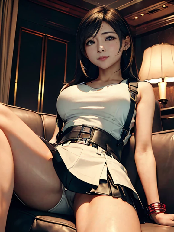 (top-quality, masterpiece, (Ultra high definition,4K), (超A high resolution:1.3, in 8K),masutepiece:1.2), (Angle from below), (Perfect Anatomy,Anatomically accurate), (Soft lighting, 光线追踪), (((Sitting on a sofa in the lobby of a luxury hotel, Sexy open legs))), ((Atifa_Lockhart like)), (Detailed red eyes), (energetic and healthy girl), (Photorealsitic), ((Bright lighting)), (white tank tops), (suspenders), ((Black leather miniskirt)), Watch viewers, (Crisp double eyelids), (fascinated expression), (large full breasts:1.4), (Textured skin), (Soft skin)