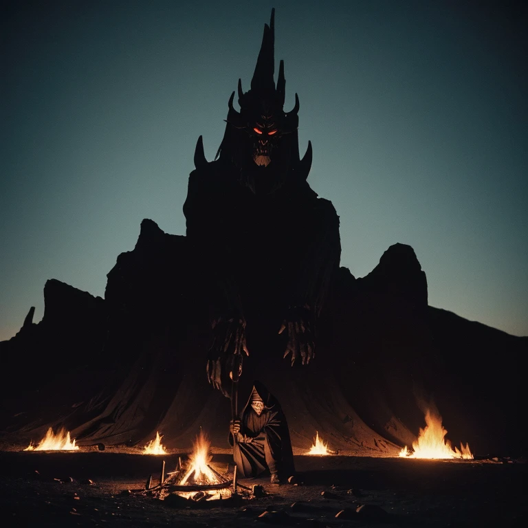 Gigantic pitch black krampus like monster creature sitting by campfire in under dark black cliff in desert, small red eyes and long slender bone limbs thin and extremely long, 1970's existential dread Stanley kubrik style 2001 a space Odyssey Esq grainy retro camera style