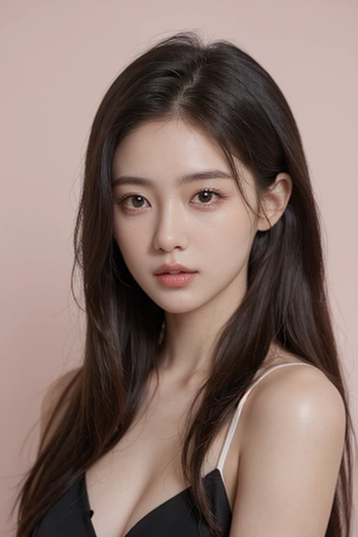 best quality, masterpiece, (photorealistic:1.5), Photo of a beautiful 22 years old woman, face, grey eyes, clean pale skin, pink cheeks, straight nose, pink lib, shiny black long hair, white background, from above, upper body