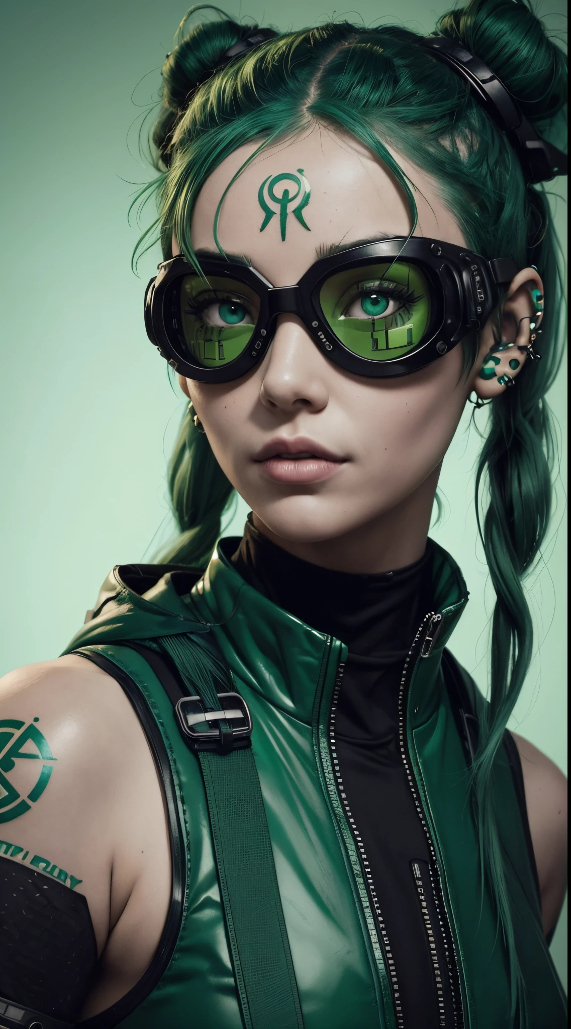 Portrait of a green haired cyberpunk woman wearing goggles with facial piercings tattoos and space buns, wearing stylish futuristic clothing, crimson and mint green