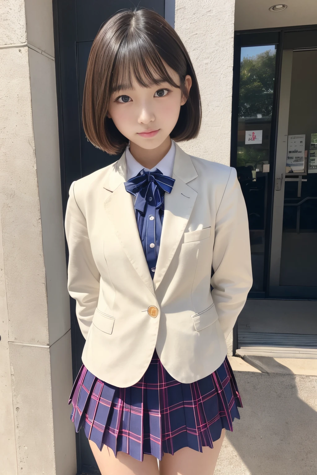 (​masterpiece,top-quality、超A high resolution)、A Japanese Lady, Very beautiful  girl、Ubu no Girl、(Perfect limbs、perfect anatomia)、kawaii、High School School Uniform、blazers、plaid skirts、Pure white、Beautiful skin、Bob Hair、short-hair、Shiny hair and moist eyebrows、Attend school、morning、