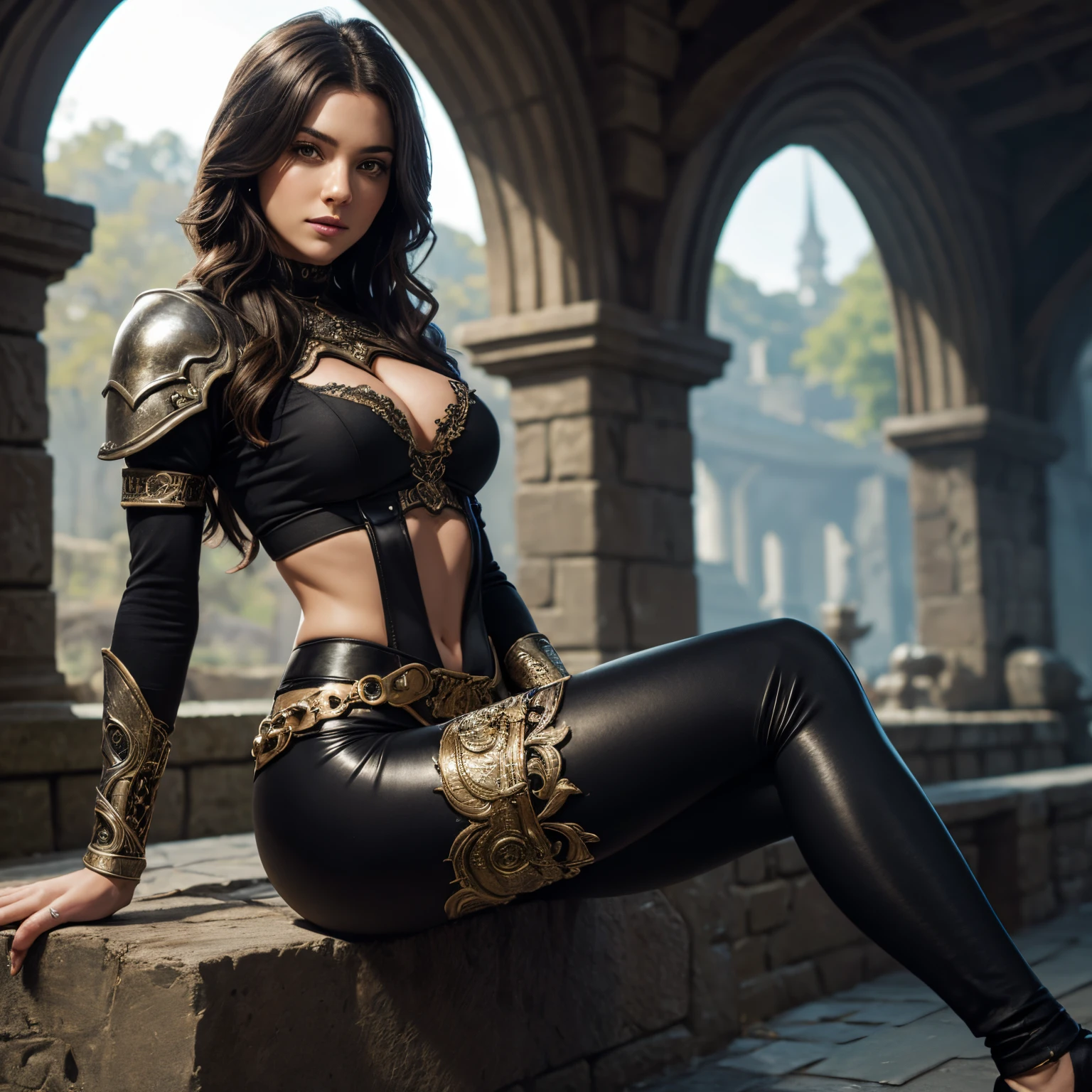 ((highest possible quality)), ((Baldur's Gate fantasy setting)), beautiful woman wearing intricate fantasy black outfit which covers her entire torso ((shiny leggings covering her legs))